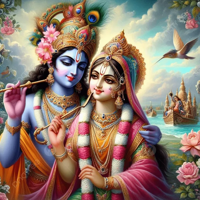 A vibrant digital painting of Radha and Krishna in a loving embrace near a lake with a temple boat. | PrintPosters.in